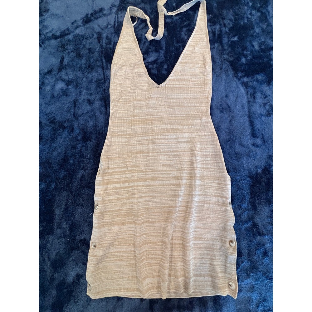 Salty Tan Space Dye Knit Halter Mini Dress Open Back Button Side Slit Medium